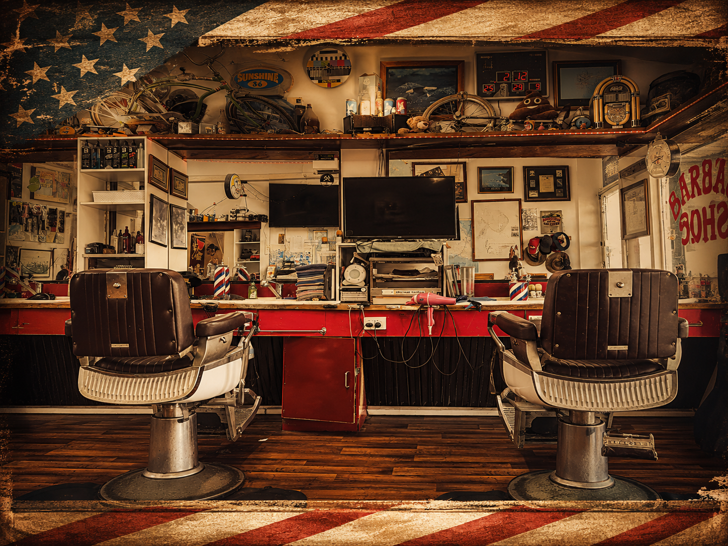 Vintage barber shop sign and chair